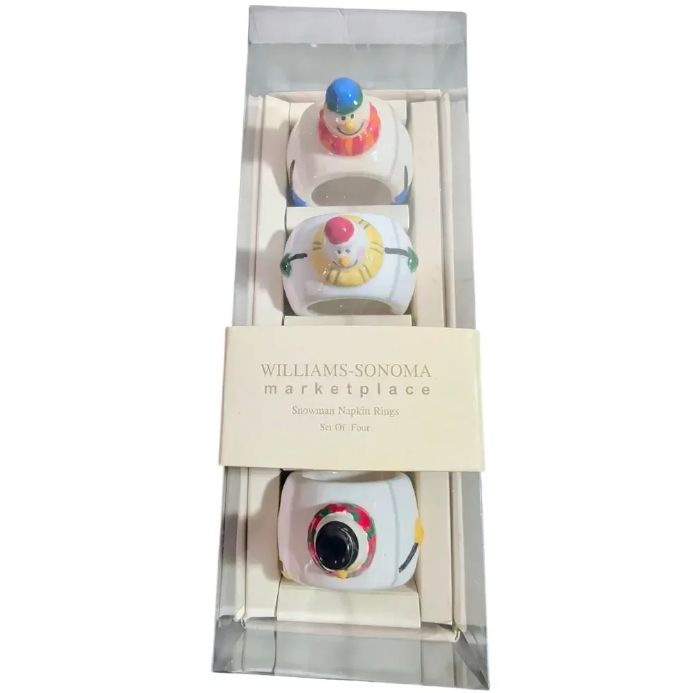 Set of 4 Williams Sonoma Snowman Ceramic Napkin Rings Holiday Christmas